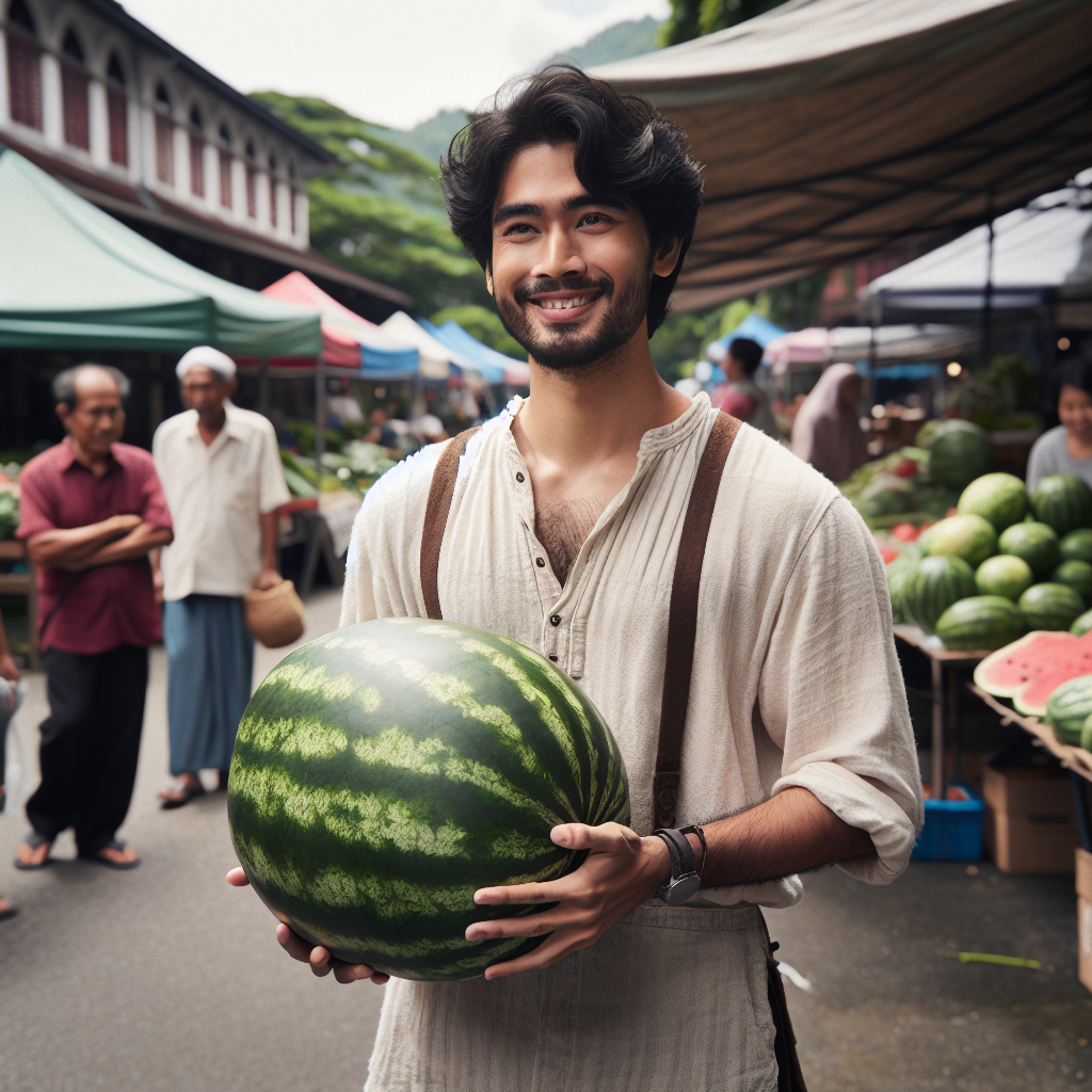 person holding heavy watermelon at farmers market