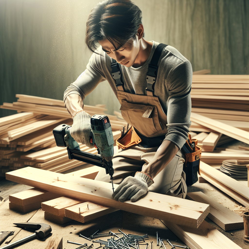 Person using a nail gun on wooden planks