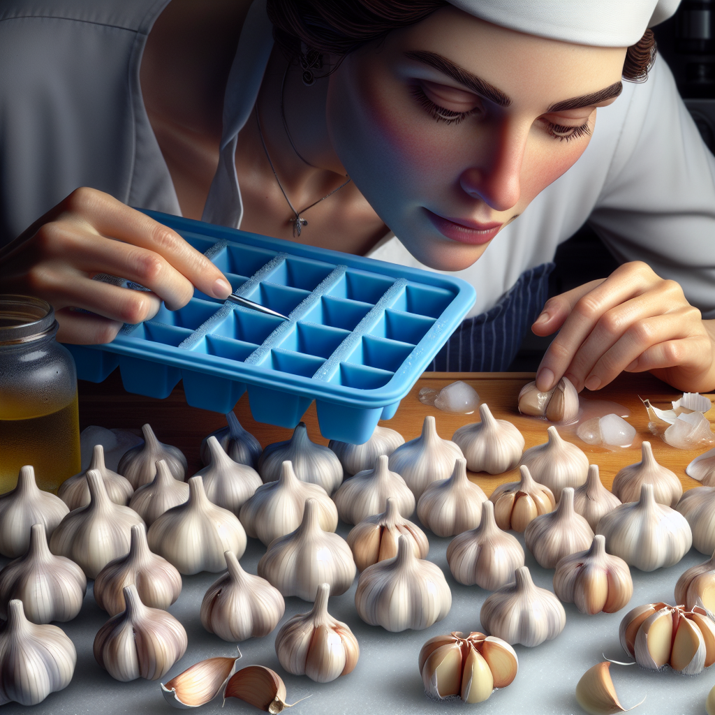 Garlic cloves being prepared for freezing using ice cube trays