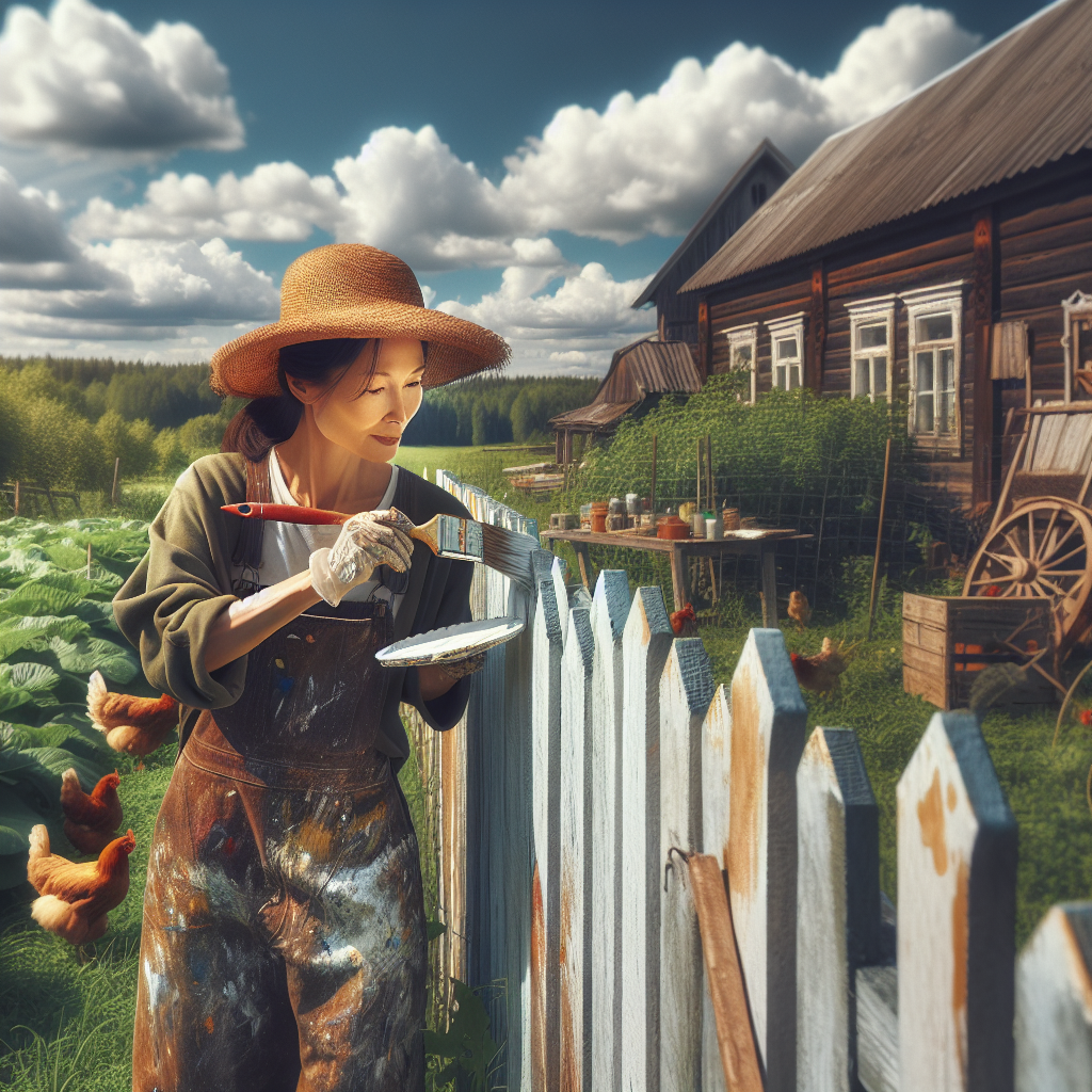 Person painting a wooden fence on a homestead