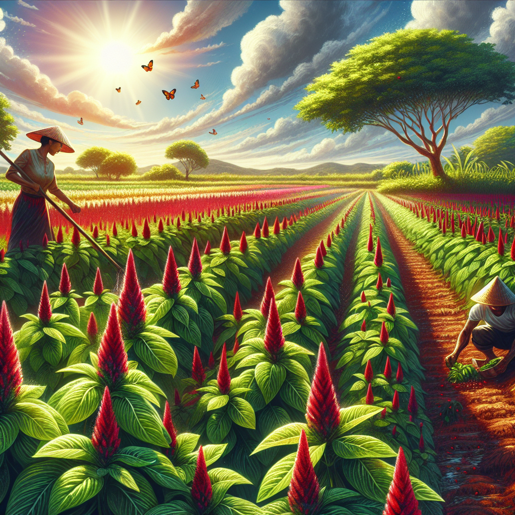 Growing amaranth with red blossoms