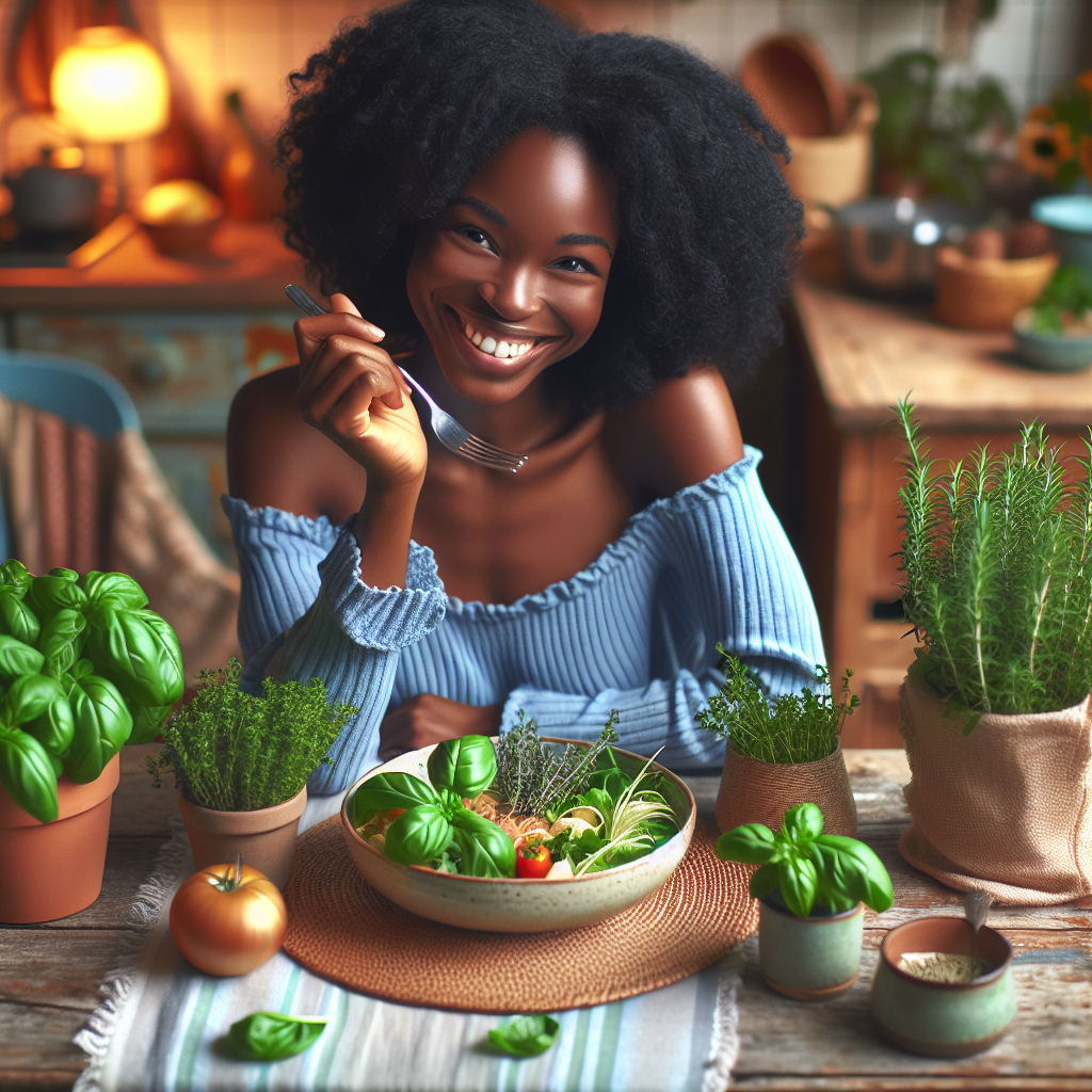 Smiling person enjoying a meal with homegrown herbs