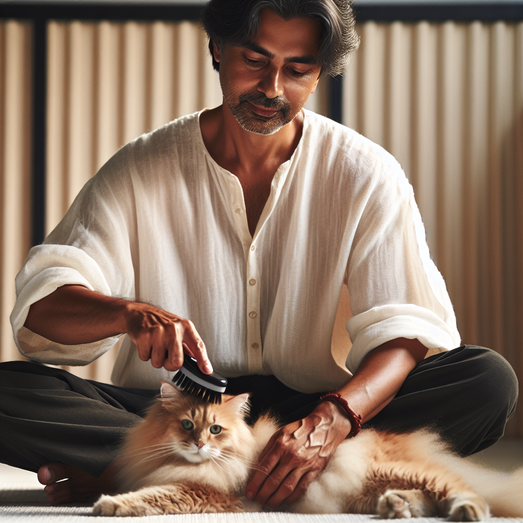 A person gently brushing a cat with a grooming brush
