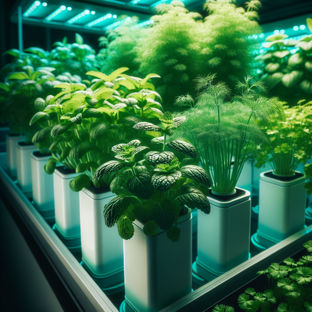 Variety of herbs including mint, parsley, and dill in hydroponic setup
