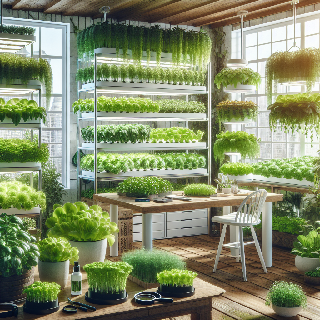 Hydroponic garden at home with lush green plants