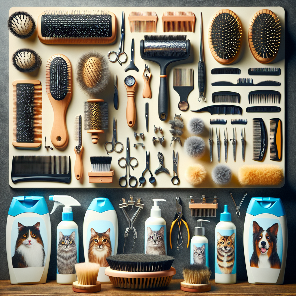 A variety of grooming tools for cats and dogs displayed neatly
