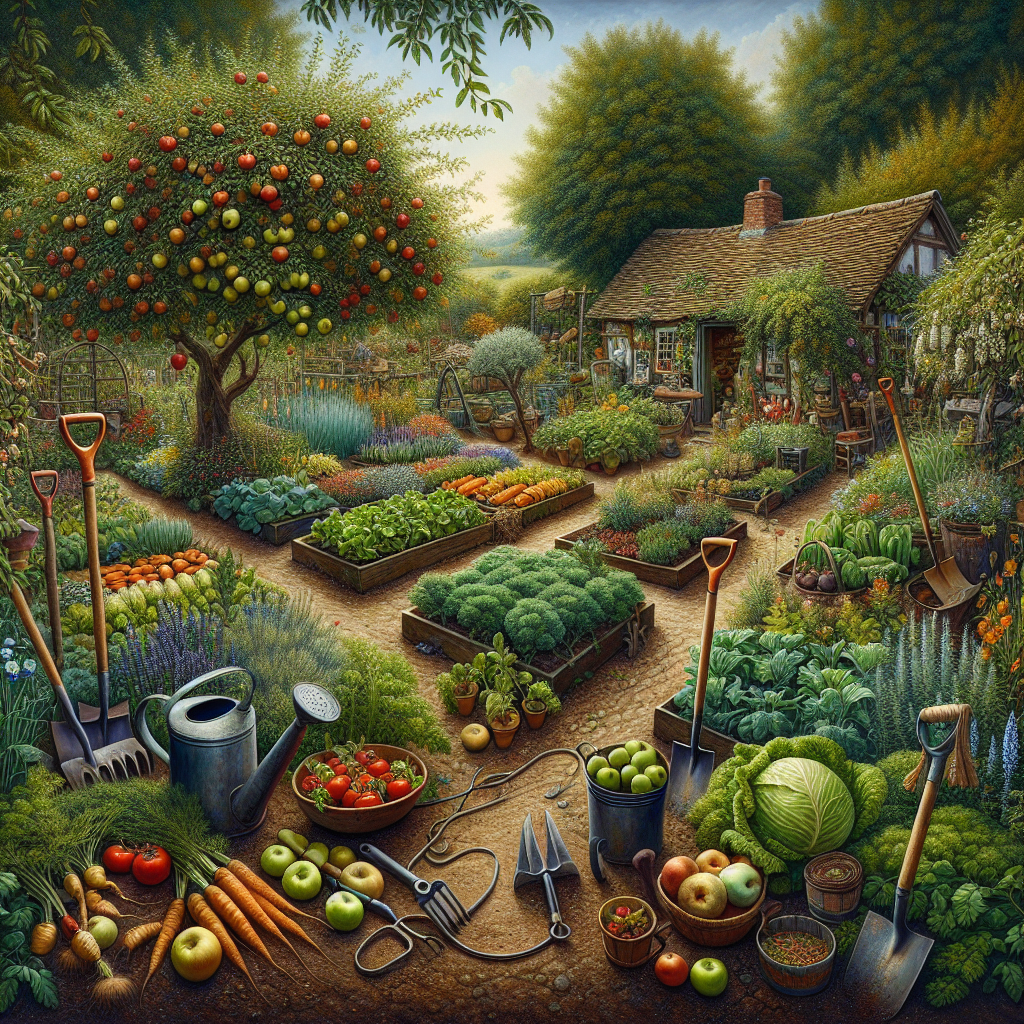 A flourishing homestead with a variety of plants and tools