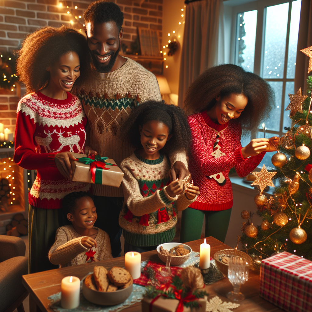 Family gathered around a Christmas tree enjoying each other
